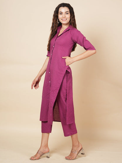 Wine Kantha Embroidered Kurta Set