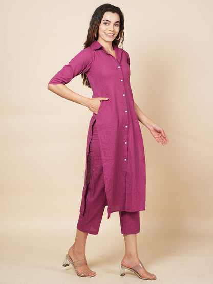 Wine Kantha Embroidered Kurta Set