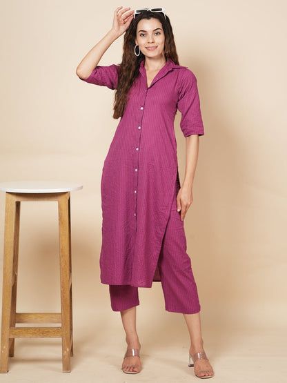 Wine Kantha Embroidered Kurta Set