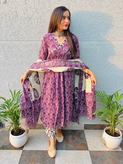 Purple Alia Handblock Suit Set