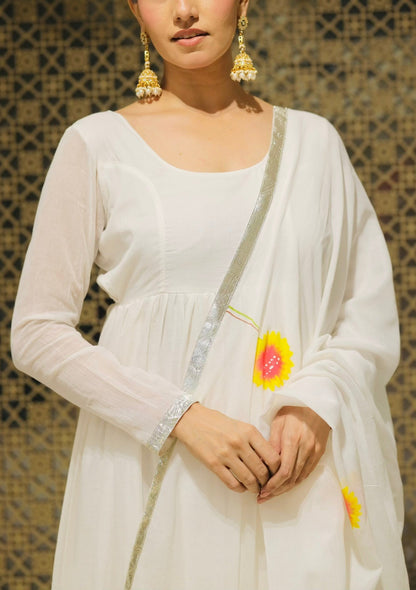 White Mulmul Handpainted Anarkali Suit Set