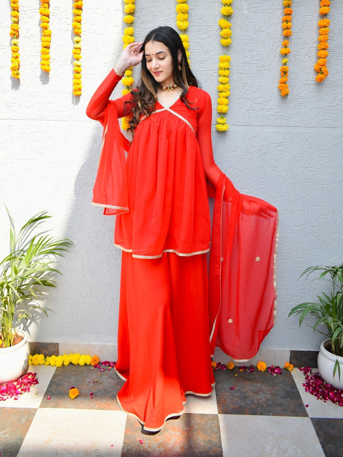 Bright Red Georgette Suit Set