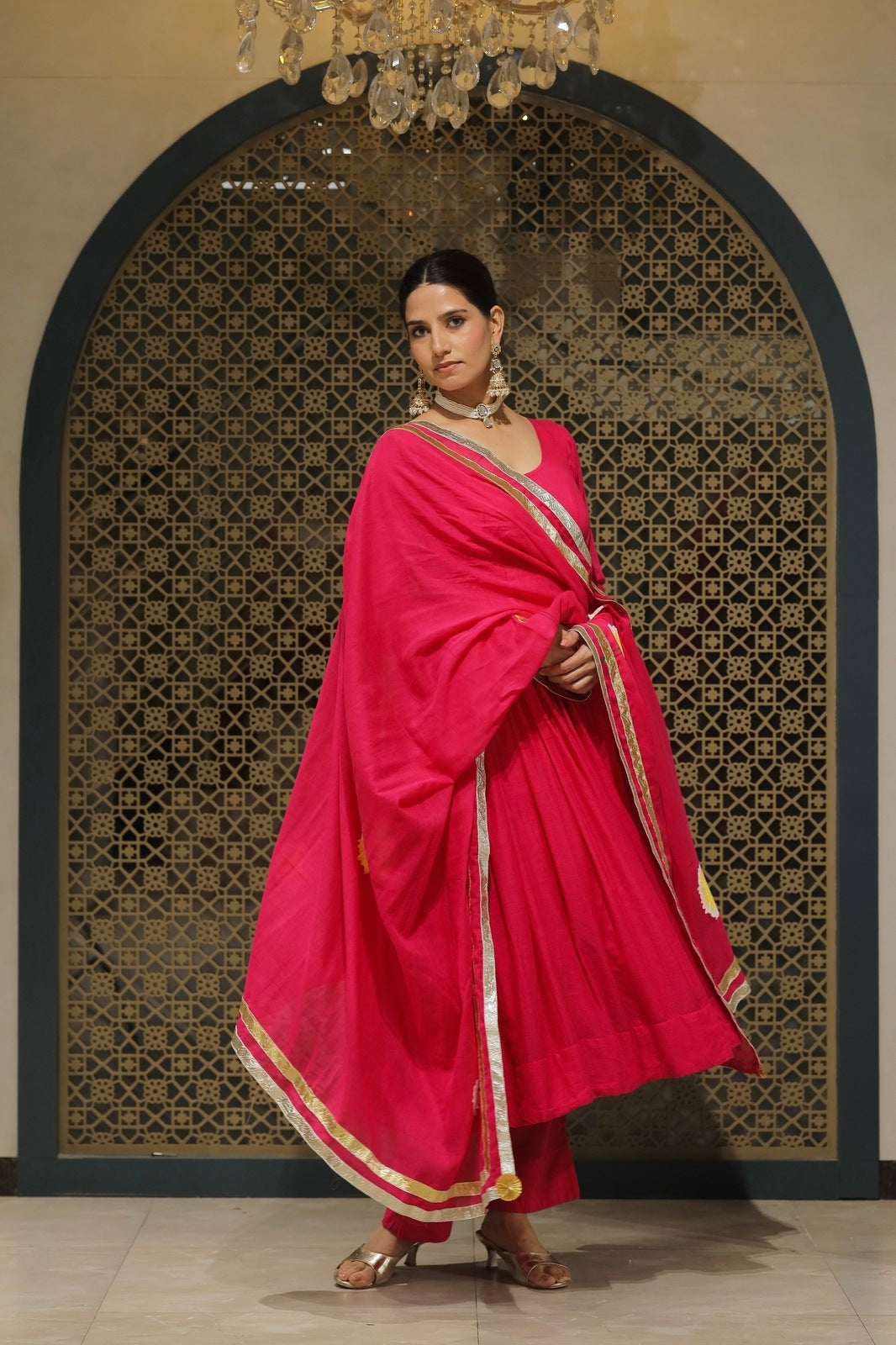 Pink Mulmul Handpainted Anarkali Suit Set