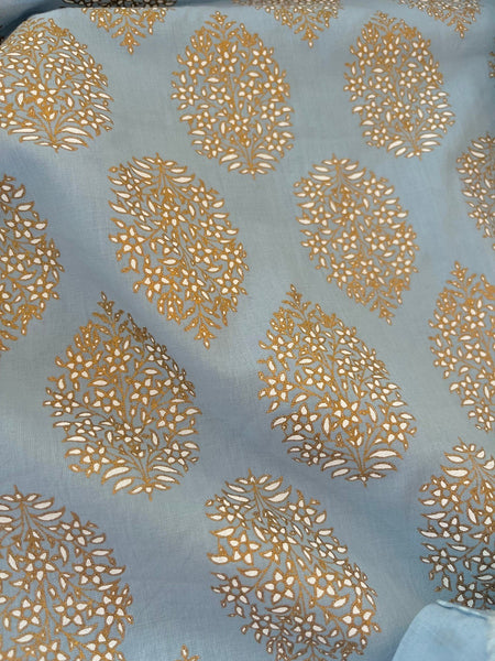 Powder Blue Handblock Foil Printed Cotton Fabric