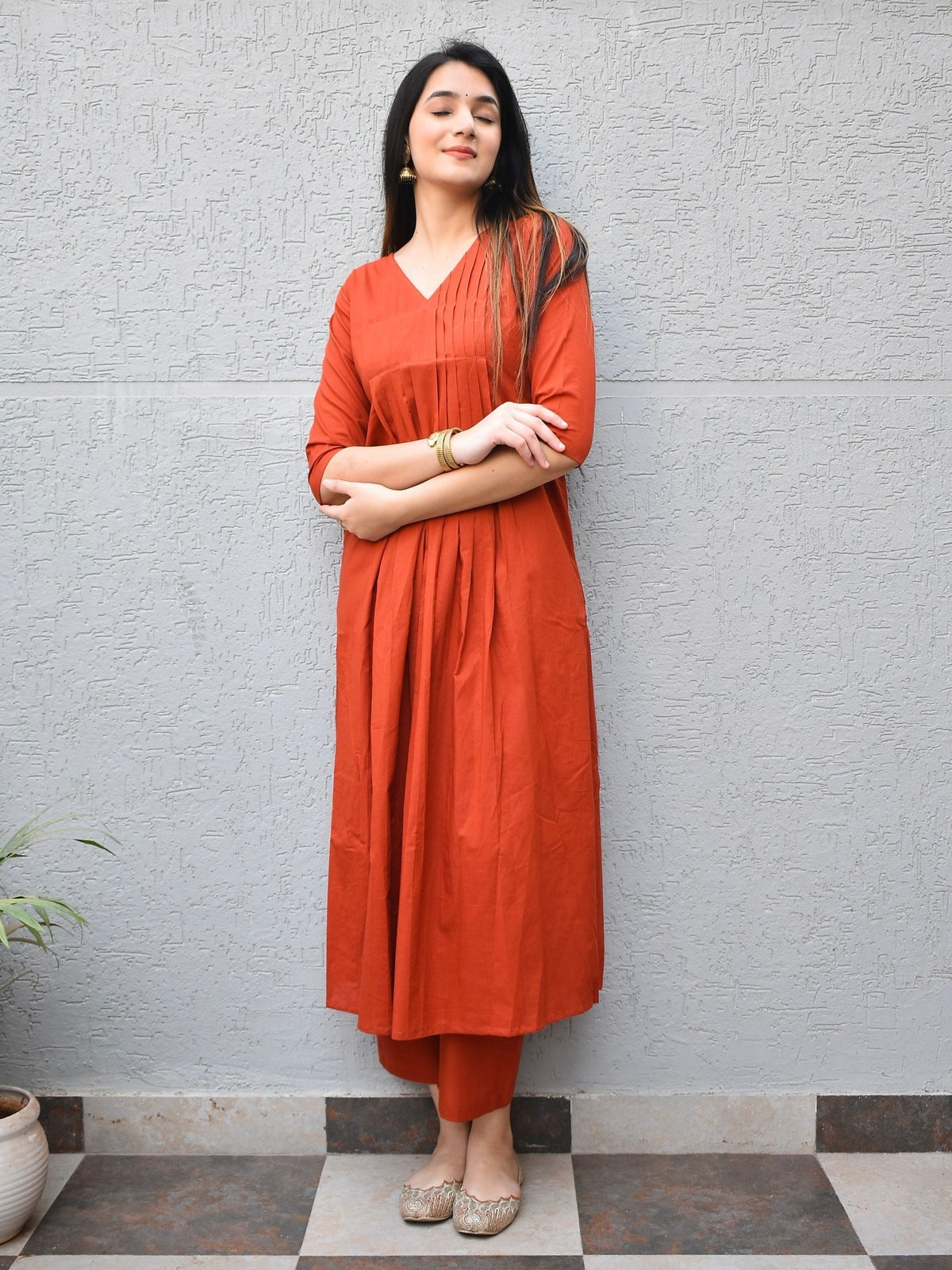 Rust Pintuck Cotton Kurta Set