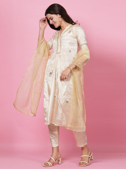 Ivory Satin Handwork Suit Set