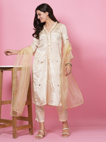 Ivory Satin Handwork Suit Set