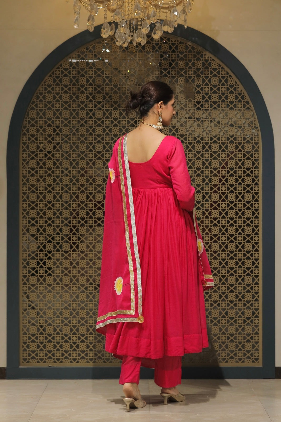 Pink Mulmul Handpainted Anarkali Suit Set
