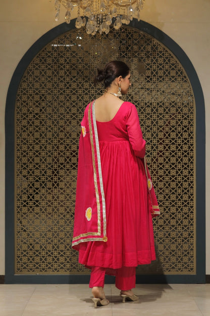 Pink Mulmul Handpainted Anarkali Suit Set