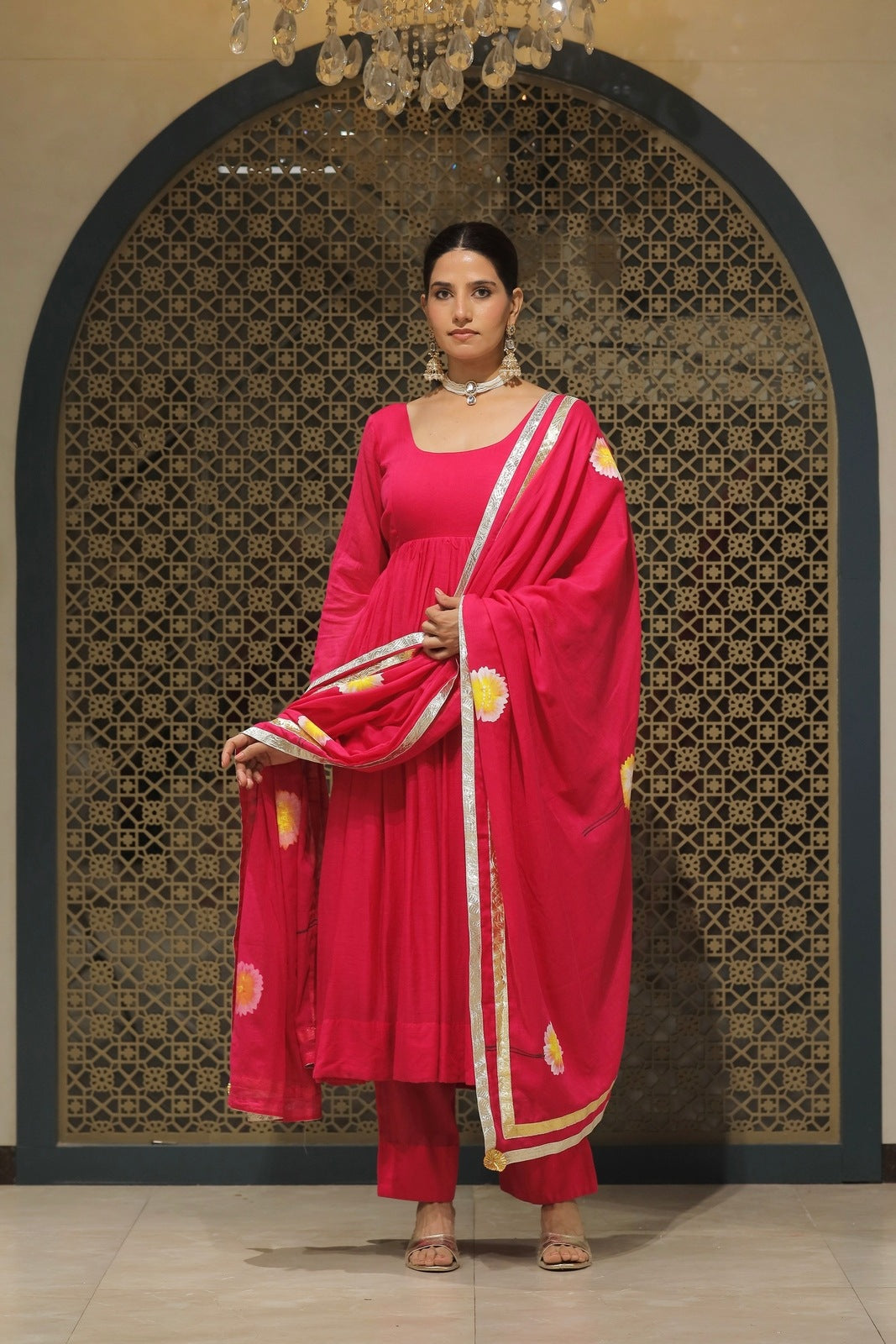 Pink Mulmul Handpainted Anarkali Suit Set