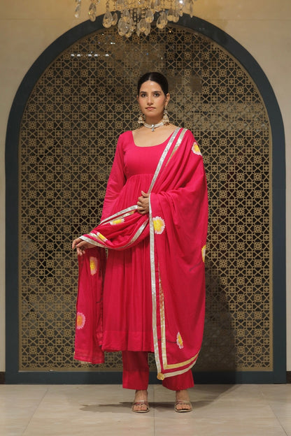 Pink Mulmul Handpainted Anarkali Suit Set