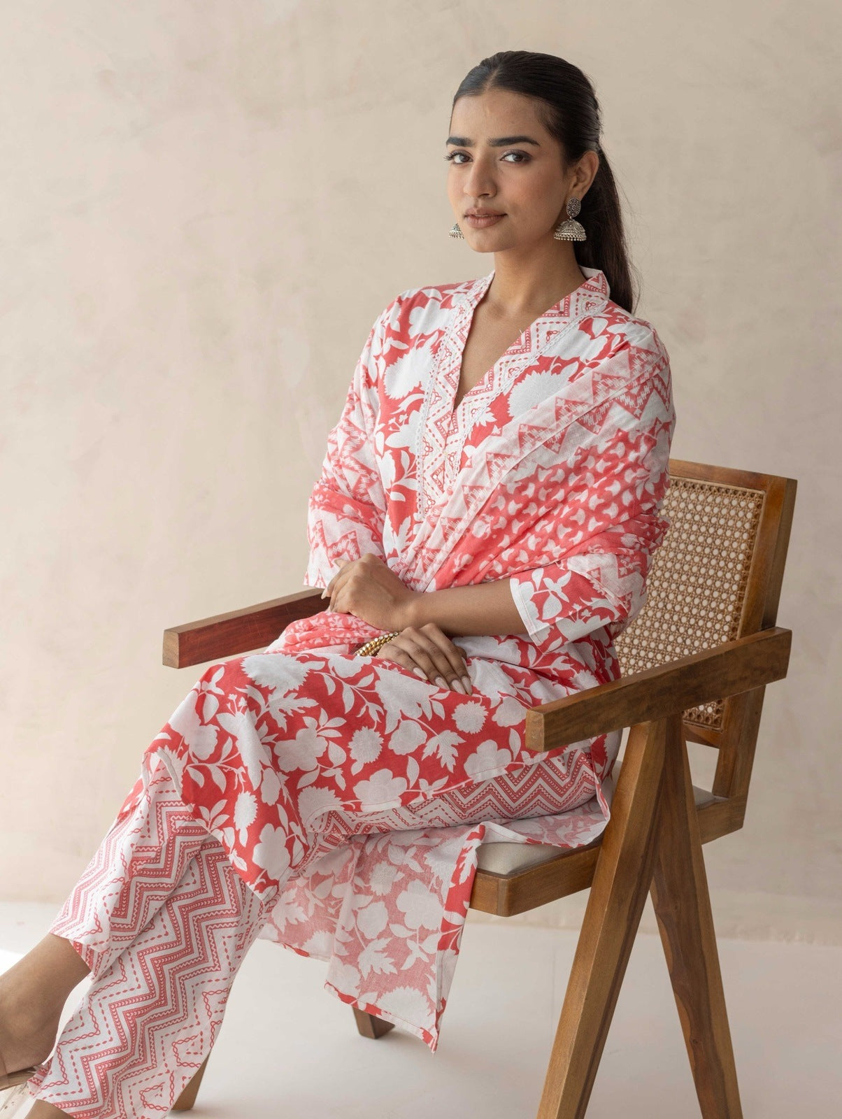 Red Handblock Printed Suit Set