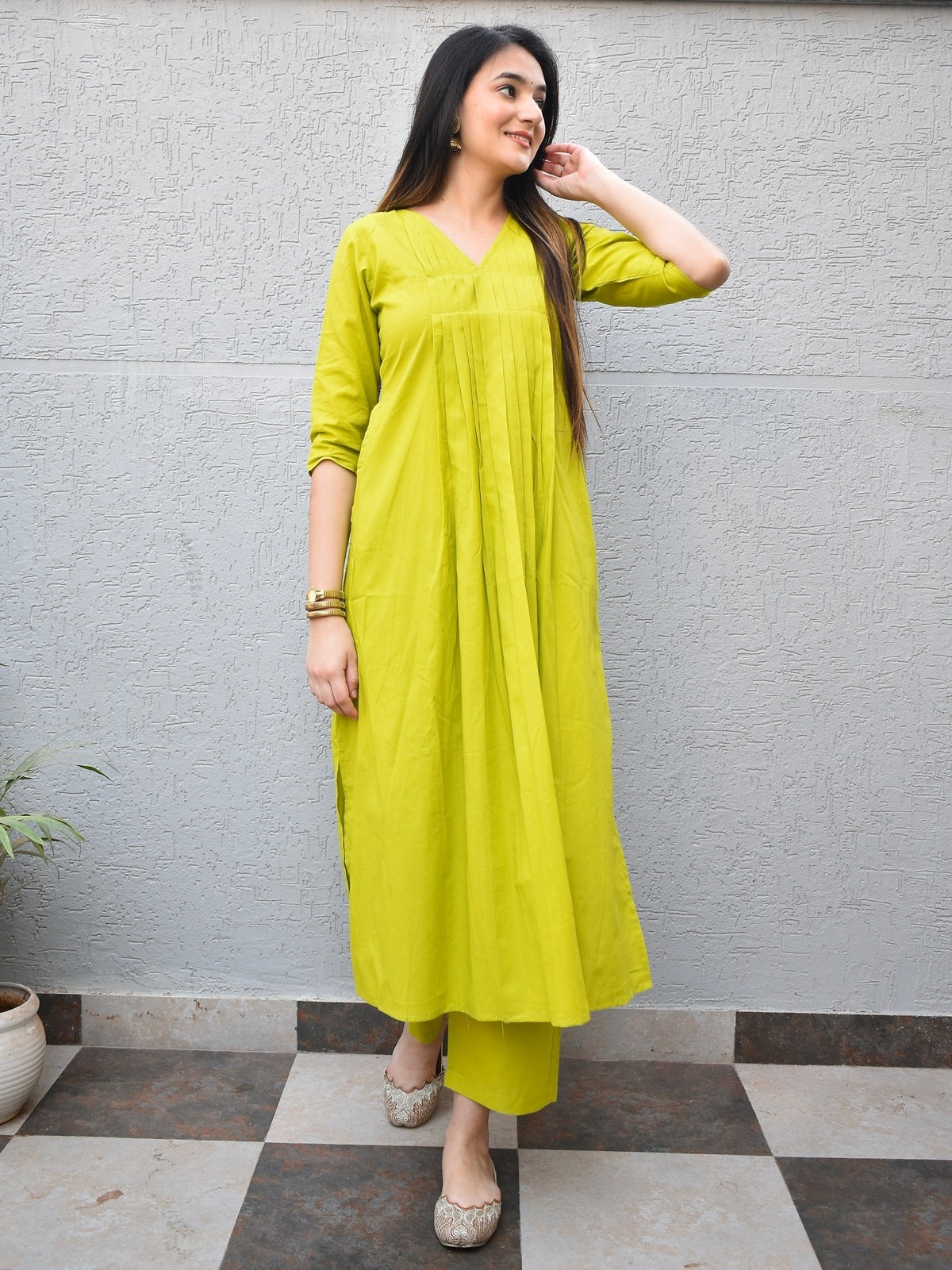 Lime Pintuck Cotton Kurta Set