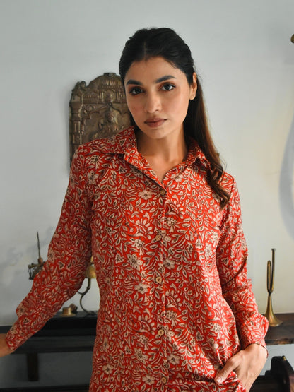 Red Floral Crepe Cord Set