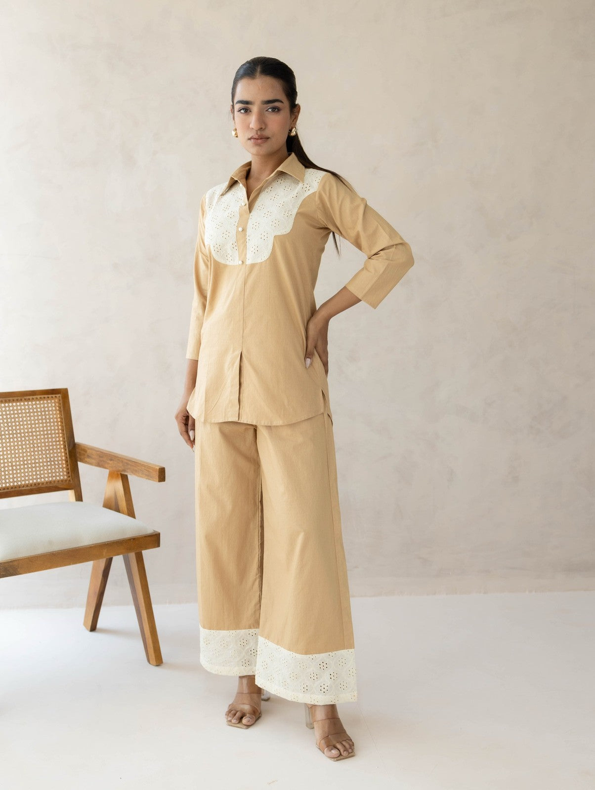 Beige Schiffli Cord Set