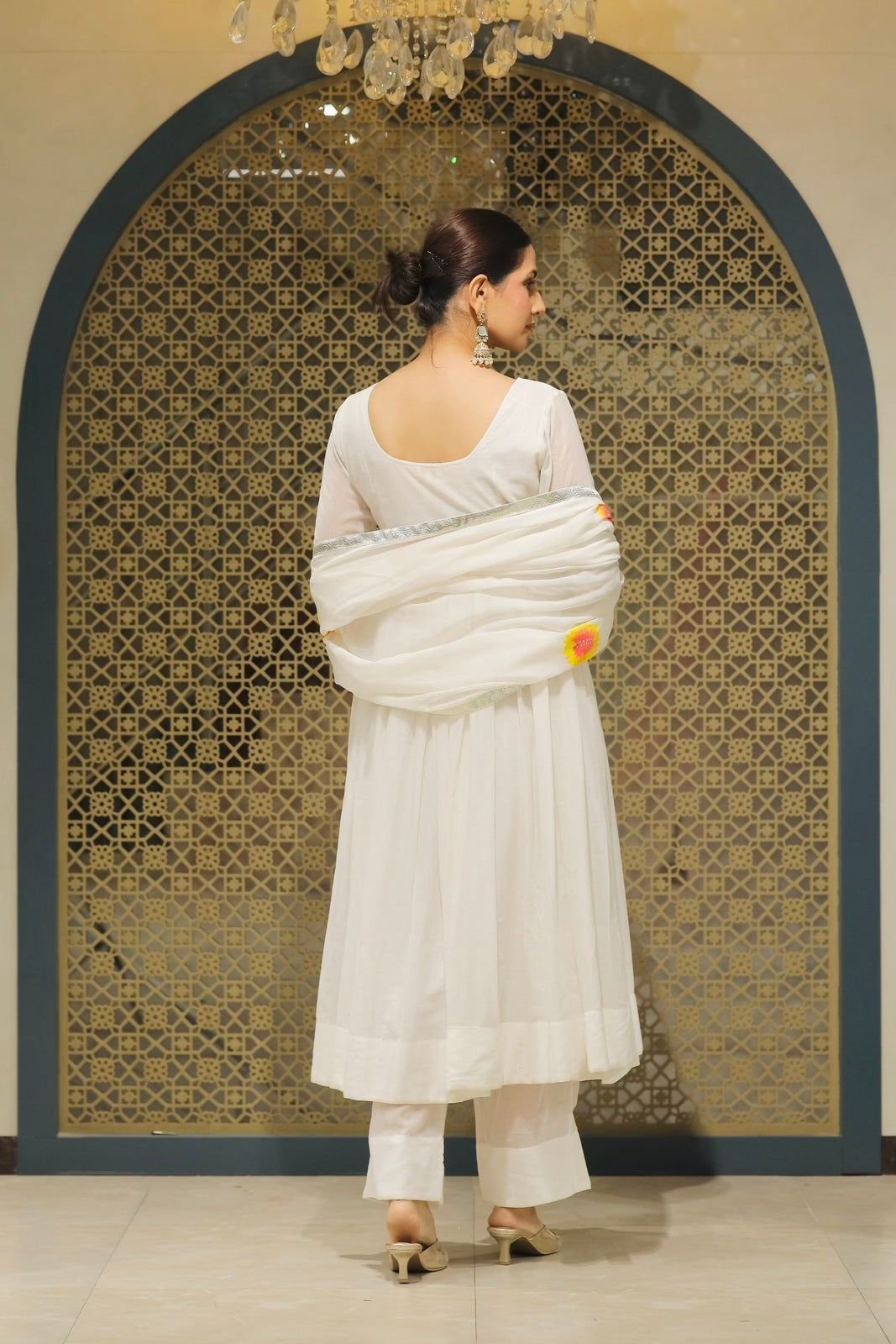 White Mulmul Handpainted Anarkali Suit Set