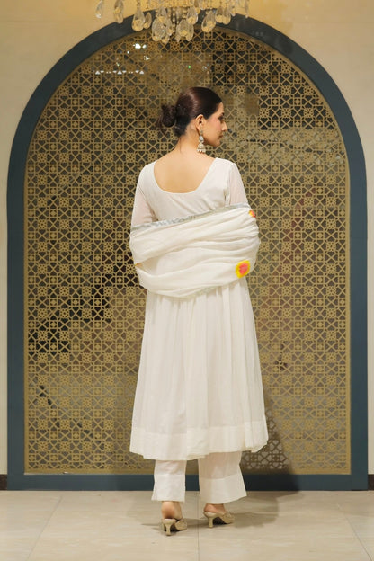 White Mulmul Handpainted Anarkali Suit Set