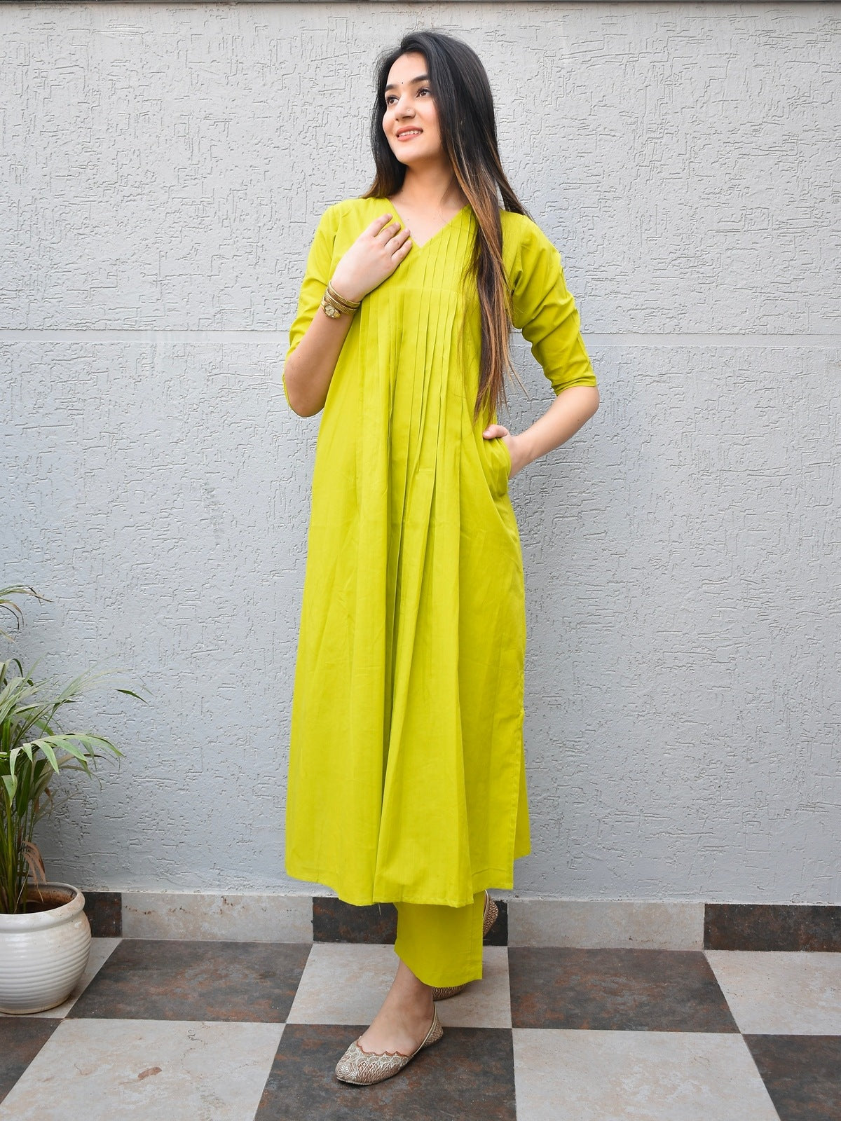 Lime Pintuck Cotton Kurta Set