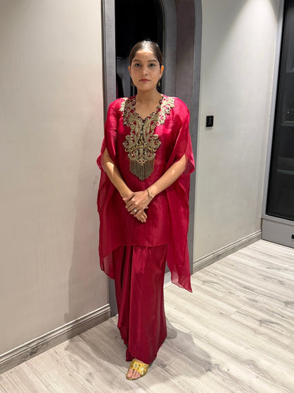 Red Zardozi Handwork Kaftan Set