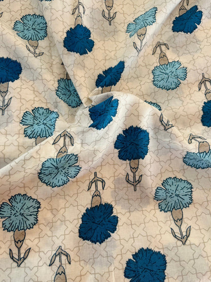 Off White Indigo Mugal Butti Organic Cotton Fabric