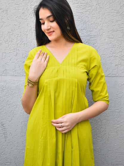 Lime Pintuck Cotton Kurta Set