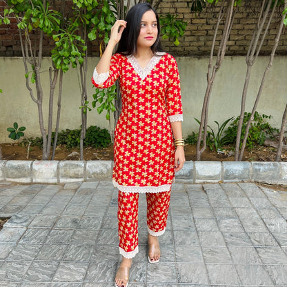 Red Floral Cord Set