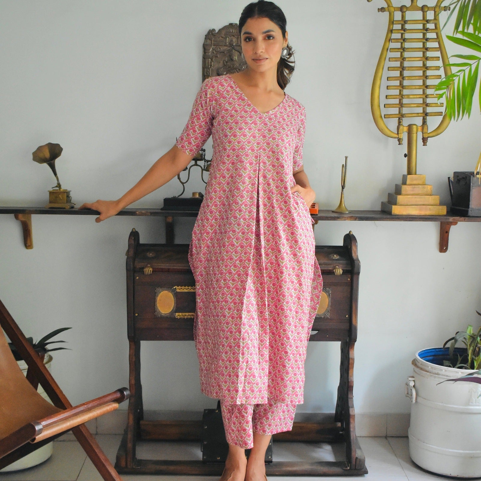 Pink Kantha Embroidered Kurta Set