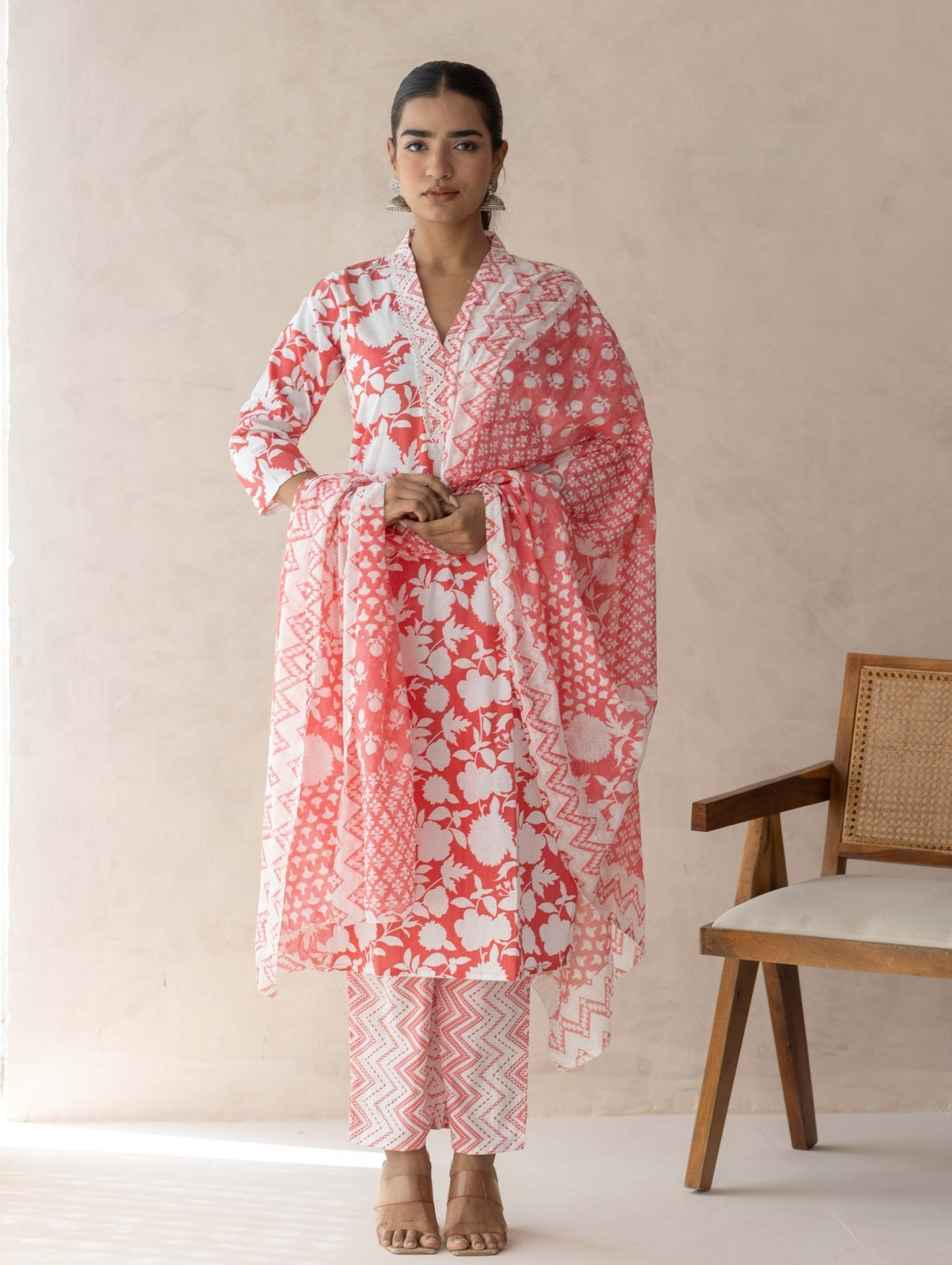 Red Handblock Printed Suit Set