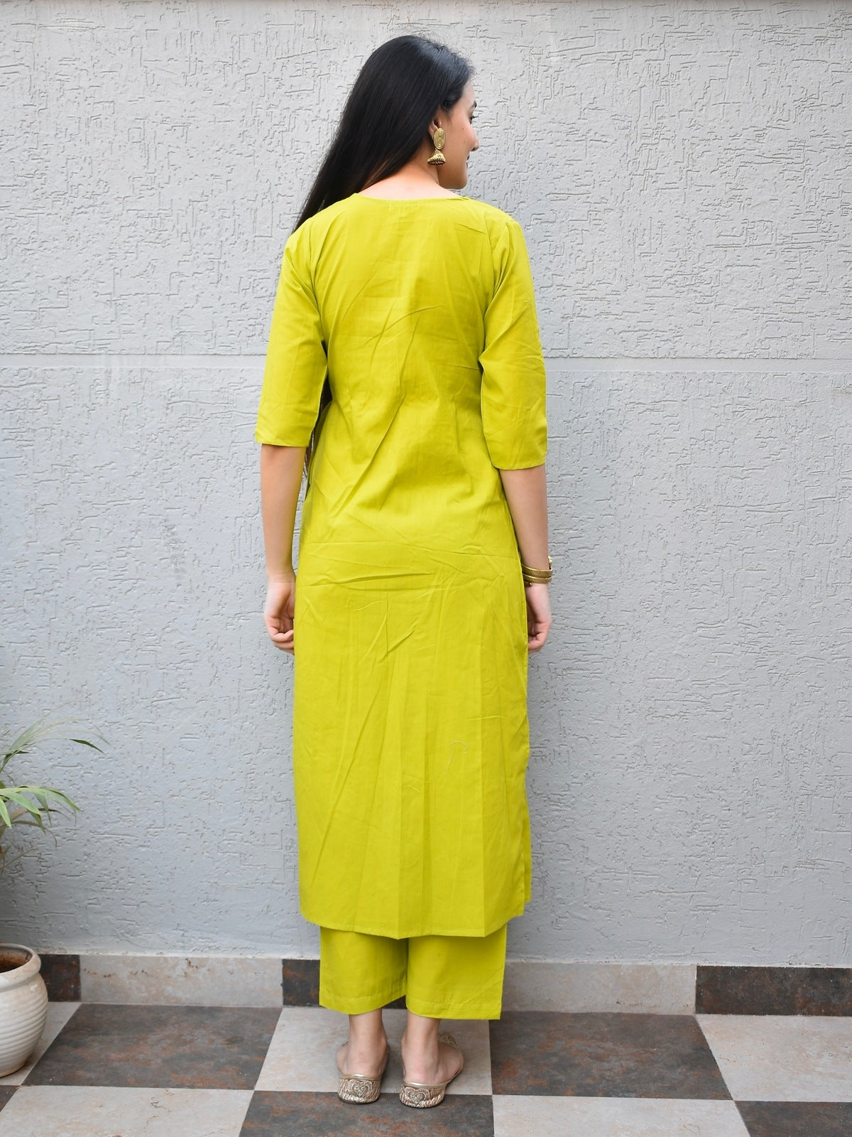 Lime Pintuck Cotton Kurta Set