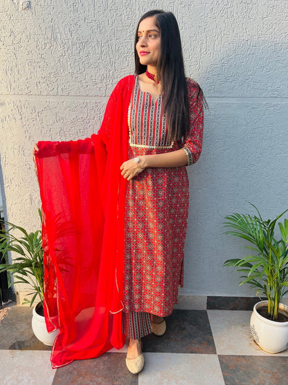 Red Rani Handblock Suit Set