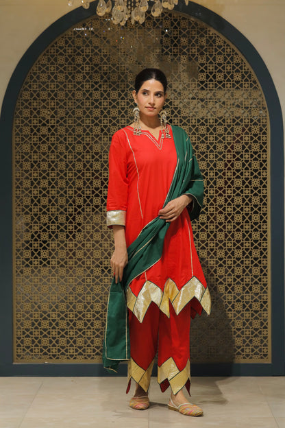 Sindoori Red Choga With Salwar &Dupatta Suit Set