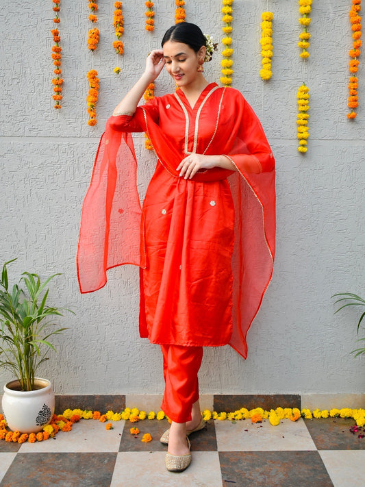 Red Raw Silk Suit Set