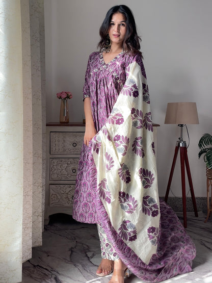 Purple Alia Handblock Suit Set