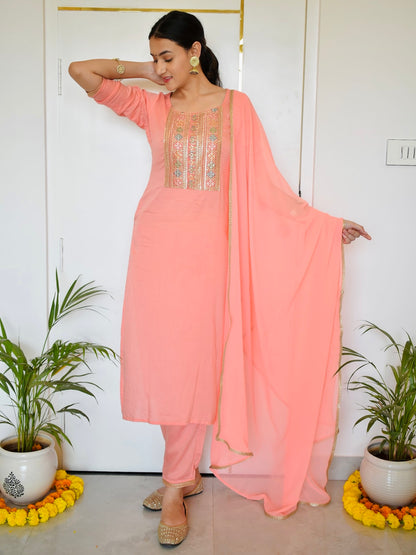 Peach Embroidered Suit Set