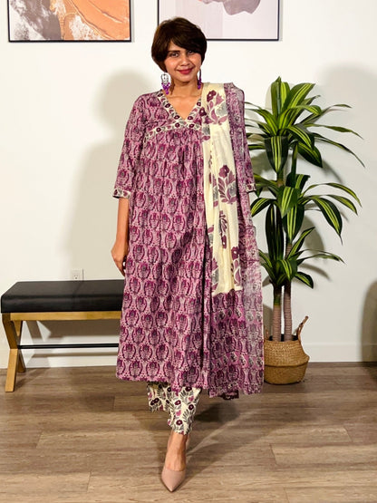 Purple Alia Handblock Suit Set