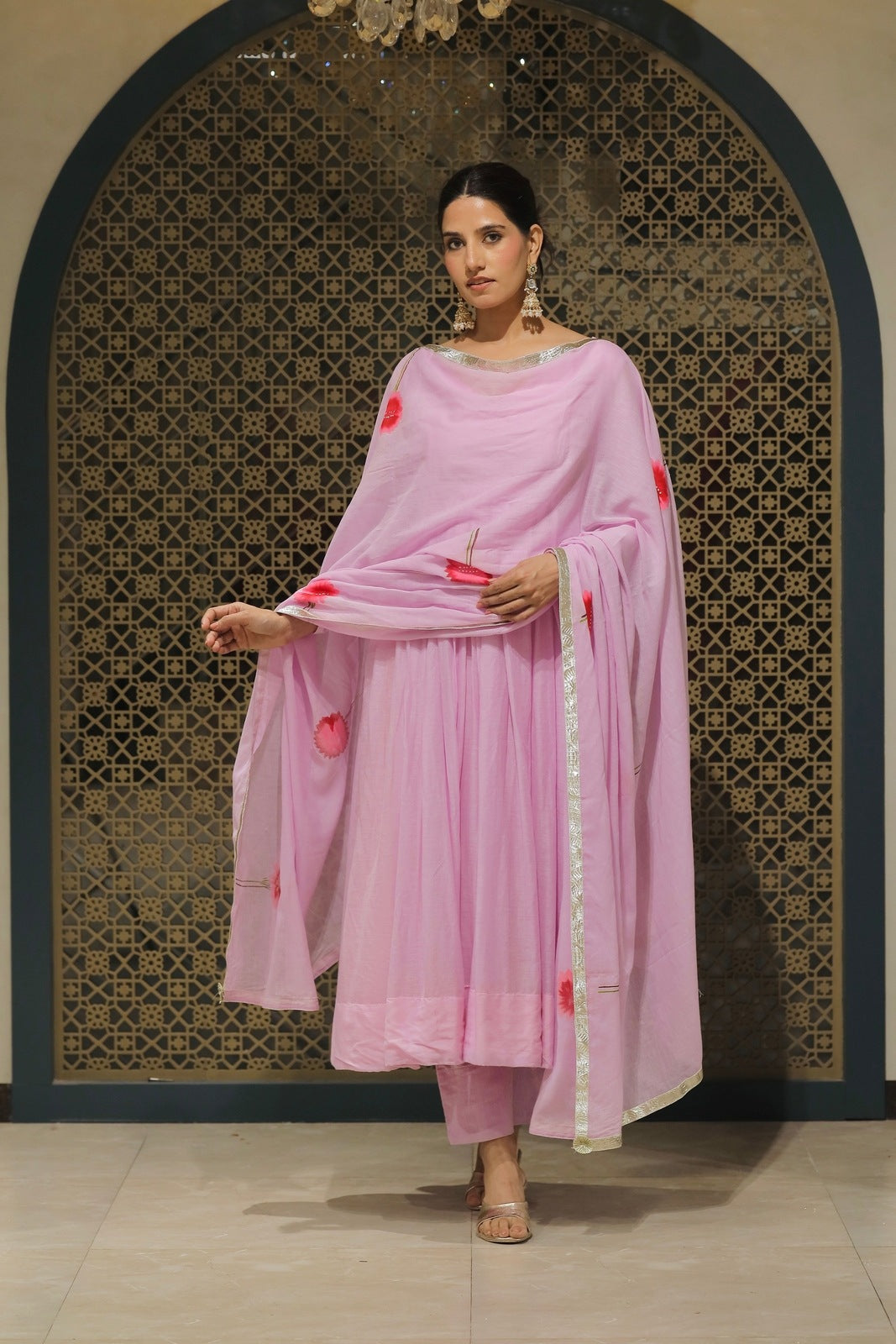 Lilac Mulmul Handpainted Anarkali Suit Set