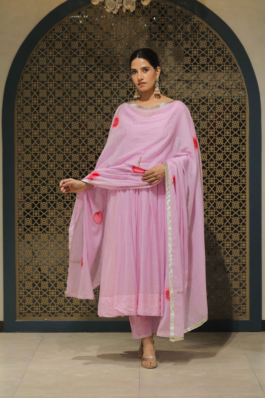 Lilac Mulmul Handpainted Anarkali Suit Set