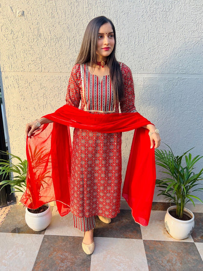 Red Rani Handblock Suit Set