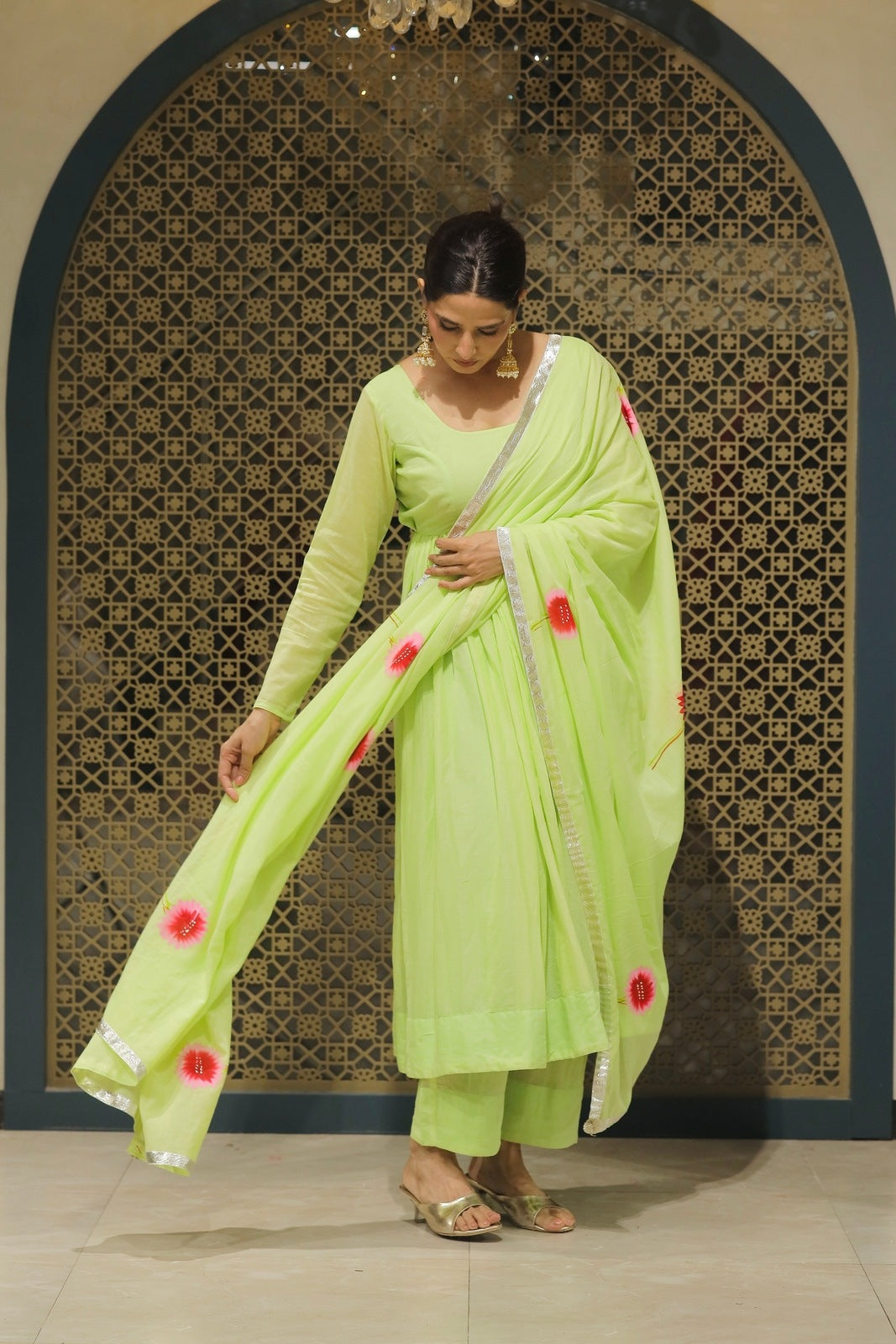 Pista Mulmul Handpainted Anarkali Suit Set