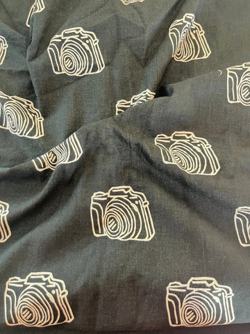 Black Handblock Camera Printed Fabric