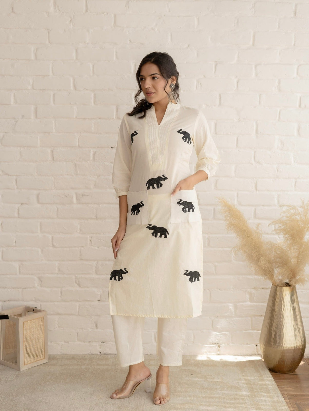 White Hathi Embroidered Kurta Set