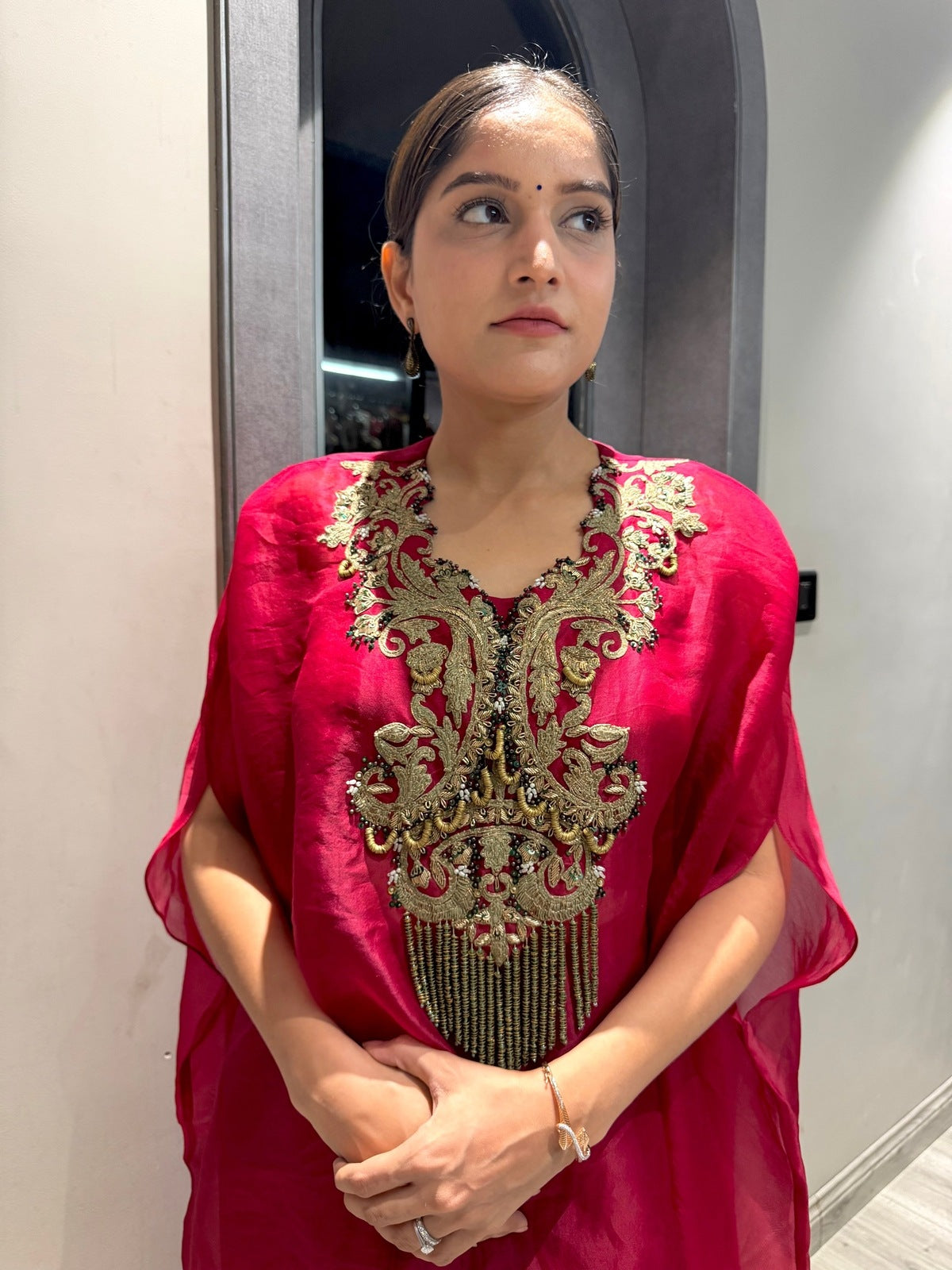Red Zardozi Handwork Kaftan Set