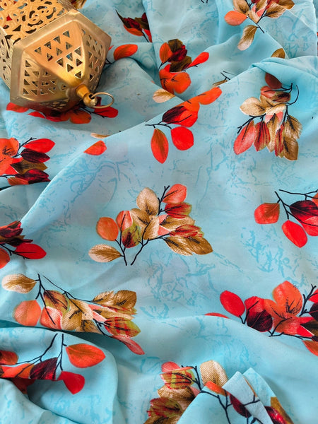 Sky Blue Crepe Printed Fabric