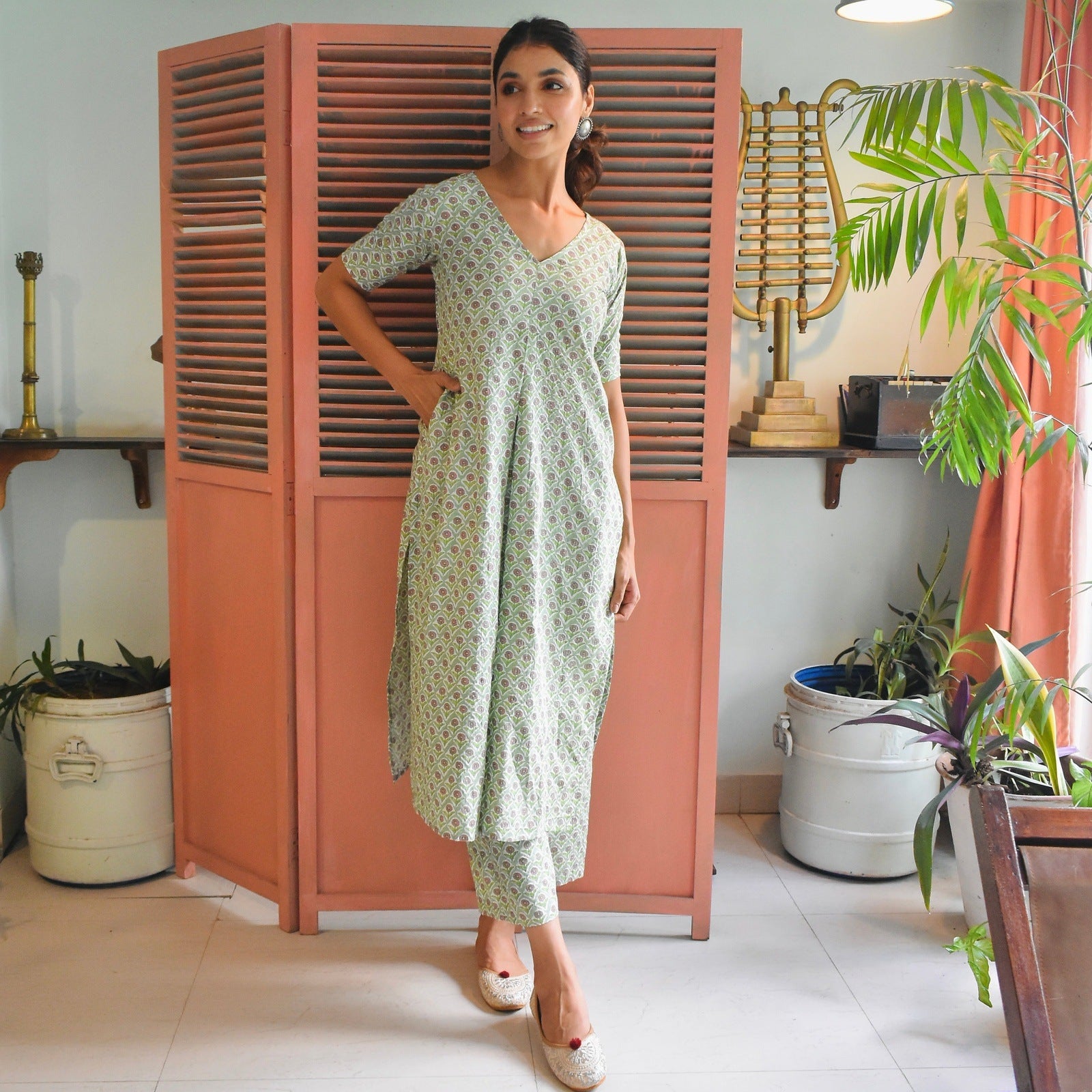 Green Kantha Embroidered Kurta Set