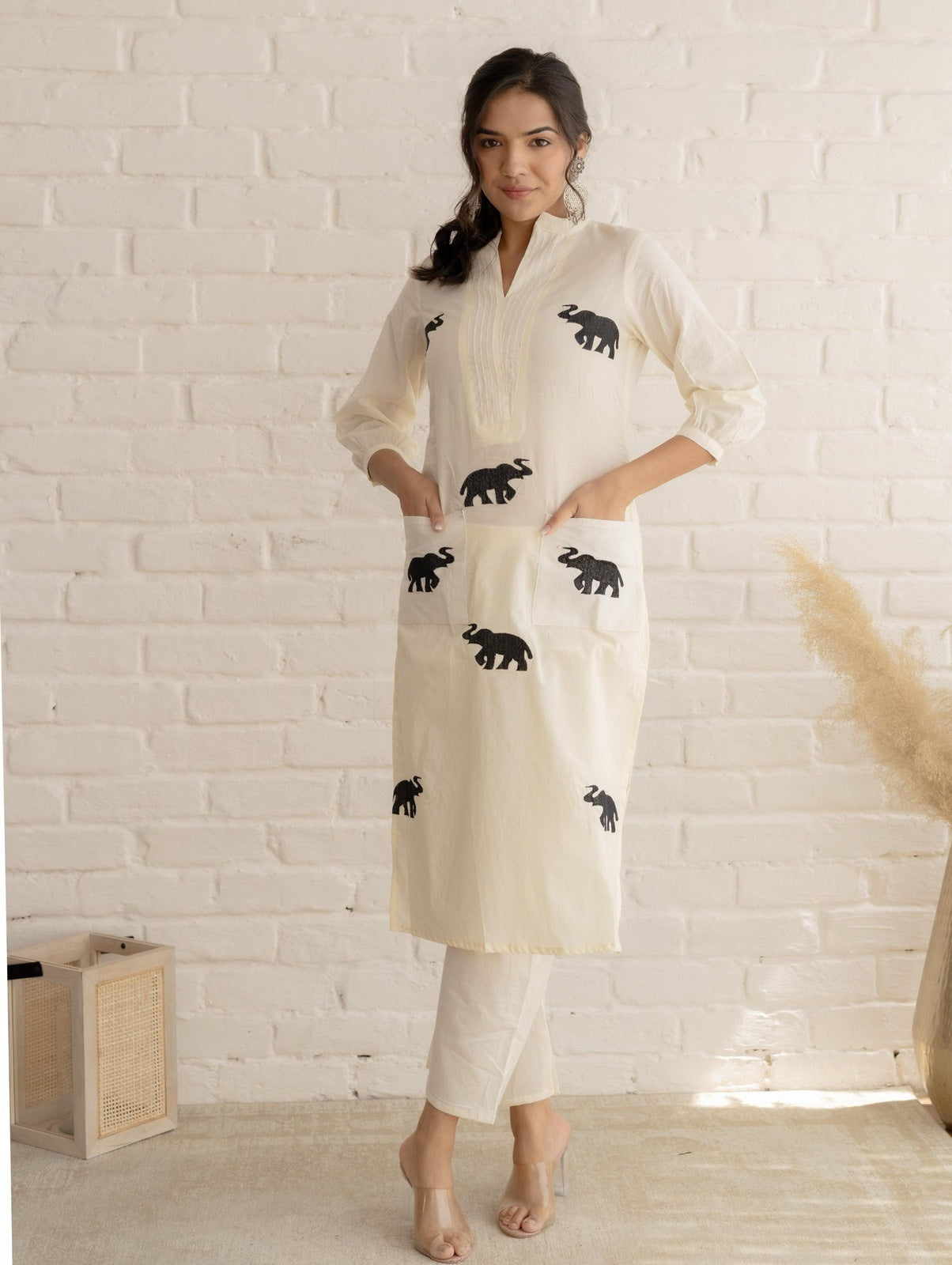 White Hathi Embroidered Kurta Set