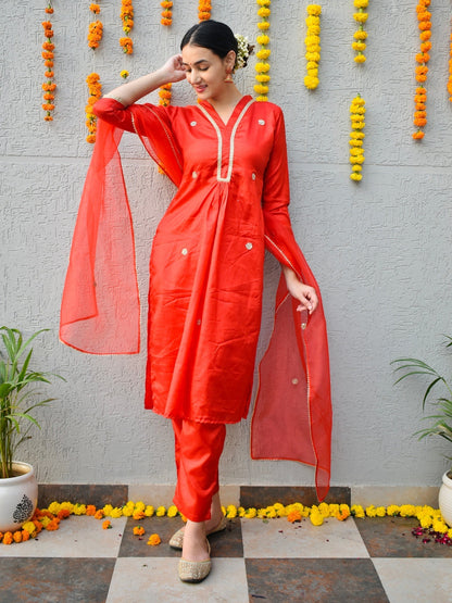 Red Raw Silk Suit Set