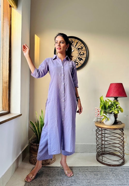 Lavender Kantha Embroidered Kurta Set