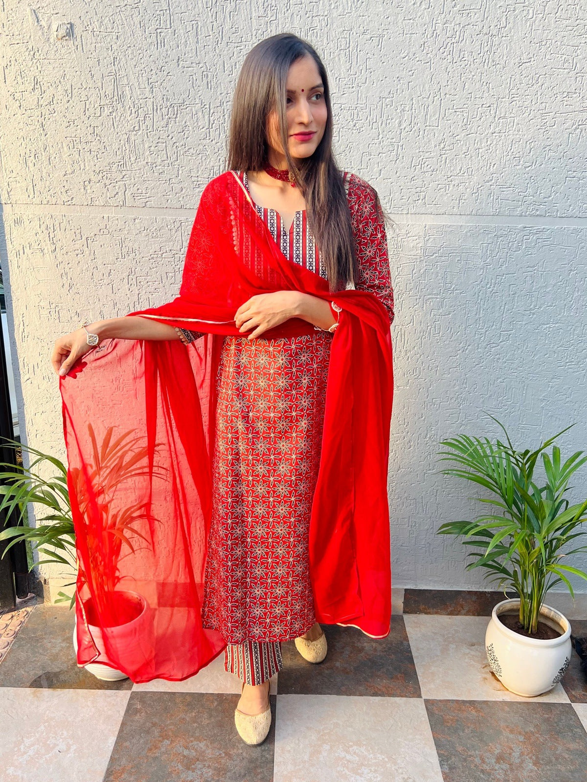 Red Rani Handblock Suit Set