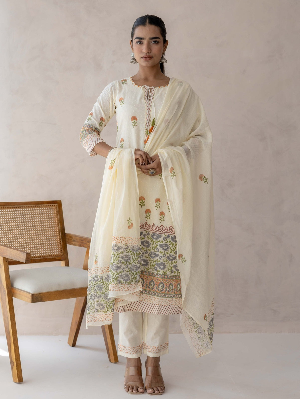 White Dobby Handblock Suit Set