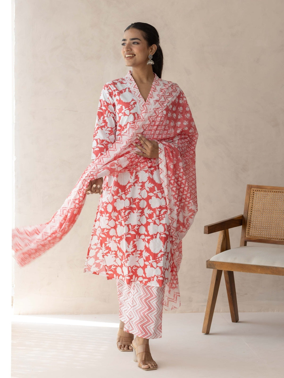 Red Handblock Printed Suit Set